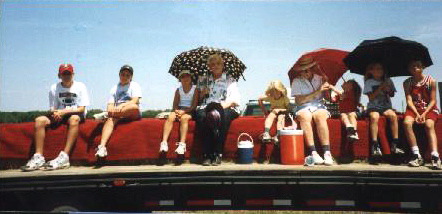 Riders on trailer on the trail ride.
Cameron Horesky, Lindsey Tacha, Nicole Tacha, Lola Oller Rixon, Erica Gilbert, Grandma Arlene Wilson Gilbert, Courtney and Hailey Gilbert and Brian Legleiter.