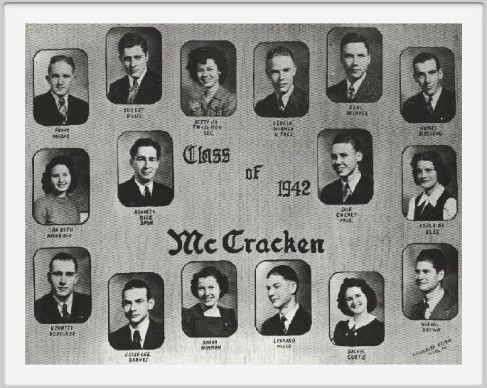 Class of 1942 - Frank Marak, Robert Klug, Betty Jo Twiselton, Gerald Hinman, Earl Brenner, James Birdsong, Loa Ruth Anderson, Coach Dick, Sponsor, <br>Jack Cheney, Adelaide Klee, Kenneth Donecker, Jesse Lee Barnes, Donna Hinman, Leonard Mills, Rachel Curtis, Norval Brown