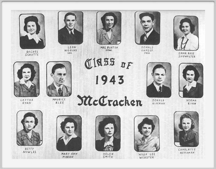 Class of 1943 - Top row  Rachel Schutte, Leon Higgins, Margaret Buxton, Sponsor, Donald Ramsey, Emma Rose Showalter 2nd row Laytha Ryan, Maurice Klee, Donald Hinman, Norma Ryan 3rd row Betty Nowles, Mary Ann Moran, Helen Smith, Willa Lee Webster, Charlotte Herdman