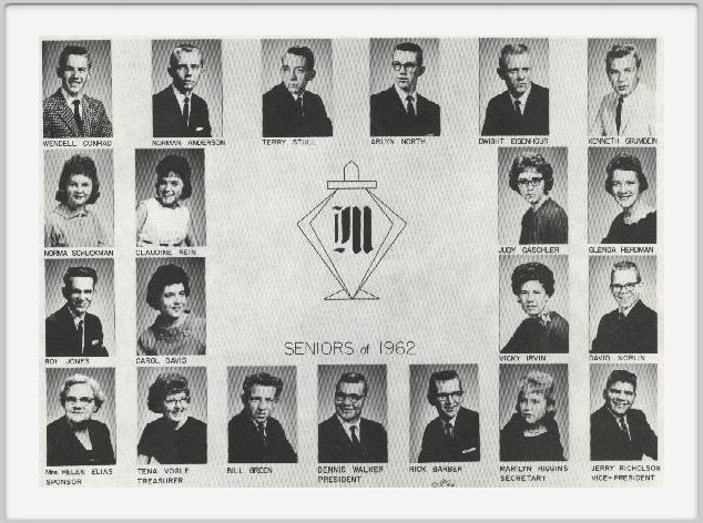 Class of 1962 - Wendell Conrad, Norman Anderson, Terry Stull, Arlyn North, Dwight Eisenhour, Kenneth Grumbein, Norma Schuckman, <br>Claudine Rein, Judy Gaschler, Glenda Herdman, Roy Jones, Carol Davis, Vicky Irvin, David Norlin, Mrs. Helen Elias, Sponsor, <br>Tena Vogle, Bill Green, Dennis Walker, Rick Barber, Marilyn Higgins, Jerry Richolson.<br><br>Terry Stull is deceased