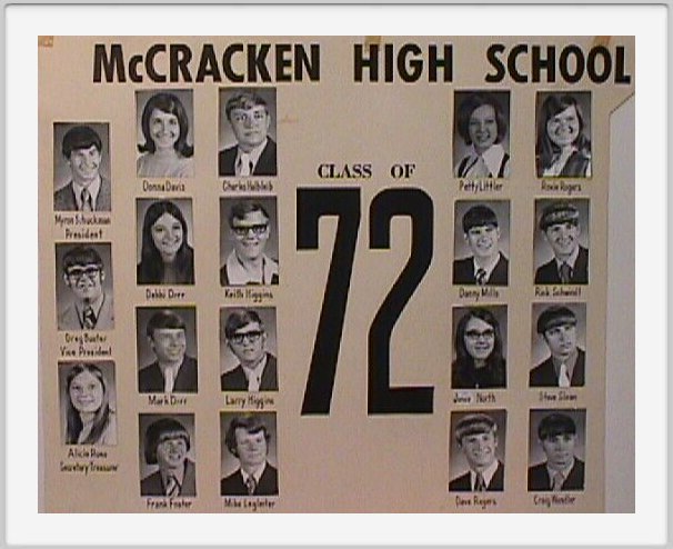 Class of 1972 - Myron Schuckman, Greg Buster, Alicia Rues, Donna Davis, Debbi Derr, Mark Derr, Frank Foster, Charles Halbleib, <br>Keith Higgins, Larry Higgins, Mike Legleiter, Patti Littler, Danny Mills, Janis North, Dave Rogers, Roxie Rogers, Rick Schmidt, <br>Steve Sloan, Craig Wendler, Guy Conner, Sponsor, LeeRoy Schuckman, Principal, Eli Boucher, Superintendent