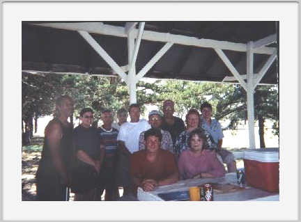 Class of 1976 - Reunion - Kenneth Higdon, Donna Greenway, Chuck Higgins, Mark McCormick, Tim Rues, Robin Schuckman, <br>Scott Kershner, Lynette Legleiter Buhr, Rosemarie Grumbein Schwindt, Bruce Davis and Marsha Healy. <br>Reunion held in McCracken City Park, July 14, 2001