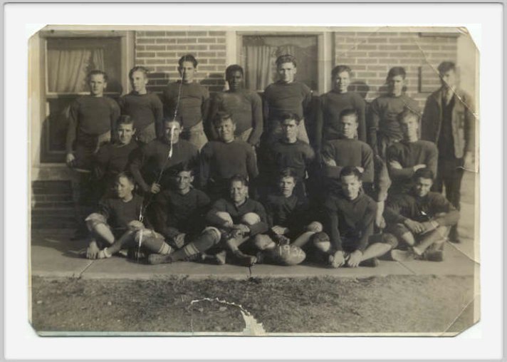 Class of 1933 - Football Team - Class of 1933 members have an *: Wilbur Hawley, Ralph Tanck*, Allen Elmore*, Forrest Ramsey, Orel Schadel*, Lester Doerr, Sam Higgins, Coach Carmichael, 2nd row:  Leo Marak, Richard Ryan, Eugene McGaughey, Cecil Phillips*, Franklin Elmore, Durward Horn*, Front row:  Harley Tanck, Thomas Barnes, Bard Stephens, Carl Higgins, Elmer Roughton*, Dean Irvin, Class members not shown, Harley Irvin, Louise Johnson, Dorothy Skinner, Ruby North.