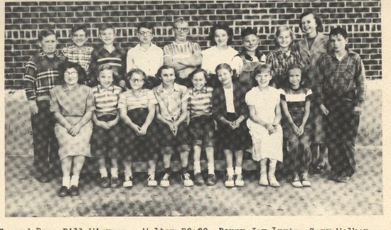 Grade School 1951-1952 Grades 6th, 7th, & 8th 2nd row:  Bill Wierman, Walter Pfaff, Perry J. Irvin, Gary Walker, James Hanson, Geraldine McCaskey, Furlen Irvin, Carla Rodeman, Miss Lorraine Lacey, teacher, Norman Pfannenstiel.

 

1st row:  Alberta Anderson, Marlene Wilson, Louise Gerritzen, Joyce Showalter, Arlene Wilson, Karen Walker, Peggy Harper, Patty Graf.