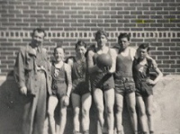 Grade School 1948 8th Grade Basketball team Clarence Deutscher, teacher-coach.  Players Curly Juvenal, Allan Thompson, Jimmy Swartz, Richard Gordon, Charlie Jacobs.