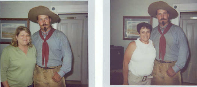 Kirk Shapland is a Buffalo Bill Cody reenactor who did a one man show at the Rodeo.  He has portrayed Buffalo Bill on the History Channel in the show Carson & Cody.  He is shown here with Rose Rues Diehl and Norma Sloan Leiker.