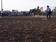 Eric Strick 2nd place in bareback ride at Rodeo. Jeff "Slim" Gardner of Fredonia was the clown